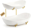 Large Size 2 Tier Ceramic Fruit Bowl,(13.4 and 11 inch Plate)More Storage Space, Golden Metal Stand for Kitchen