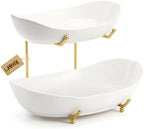 Large Size 2 Tier Ceramic Fruit Bowl,(13.4 and 11 inch Plate)More Storage Space, Golden Metal Stand for Kitchen