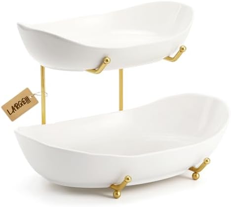 Large Size 2 Tier Ceramic Fruit Bowl,(13.4 and 11 inch Plate)More Storage Space, Golden Metal Stand for Kitchen