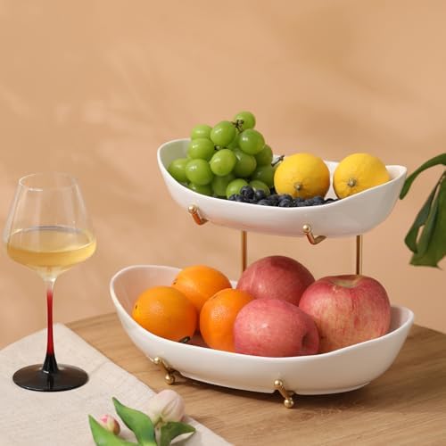 Large Size 2 Tier Ceramic Fruit Bowl,(13.4 and 11 inch Plate)More Storage Space, Golden Metal Stand for Kitchen, alternate