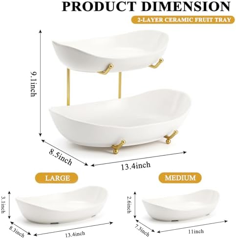 Large Size 2 Tier Ceramic Fruit Bowl,(13.4 and 11 inch Plate)More Storage Space, Golden Metal Stand for Kitchen, alternate