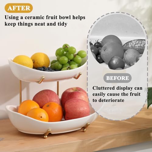 Large Size 2 Tier Ceramic Fruit Bowl,(13.4 and 11 inch Plate)More Storage Space, Golden Metal Stand for Kitchen, alternate