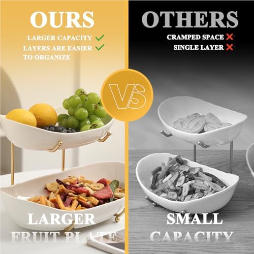 Large Size 2 Tier Ceramic Fruit Bowl,(13.4 and 11 inch Plate)More Storage Space, Golden Metal Stand for Kitchen, alternate