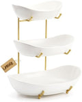Large Size 3 Tier Ceramic Fruit Bowl,(13.4, 11 and 9.1 inch Plate)More Storage Space, Golden Metal Stand for