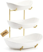 Large Size 3 Tier Ceramic Fruit Bowl,(13.4, 11 and 9.1 inch Plate)More Storage Space, Golden Metal Stand for
