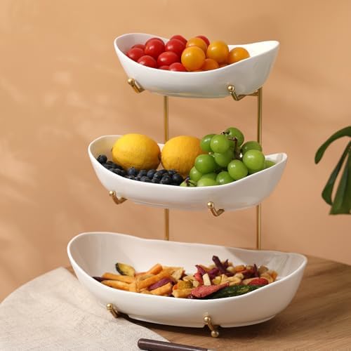 Large Size 3 Tier Ceramic Fruit Bowl,(13.4, 11 and 9.1 inch Plate)More Storage Space, Golden Metal Stand for, alternate view