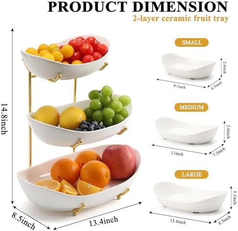 Large Size 3 Tier Ceramic Fruit Bowl,(13.4, 11 and 9.1 inch Plate)More Storage Space, Golden Metal Stand for, alternate view