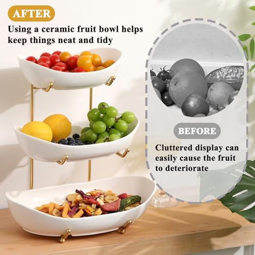 Large Size 3 Tier Ceramic Fruit Bowl,(13.4, 11 and 9.1 inch Plate)More Storage Space, Golden Metal Stand for, alternate view