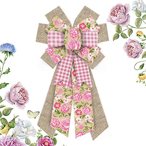 Large Spring Flowers Bows for Wreath, Easter Wreath Bow Pink Natural Burlap Bows for Front Door Birthday