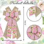 Large Spring Flowers Bows for Wreath, Easter Wreath Bow Pink Natural Burlap Bows for Front Door Birthday, alternate view 2