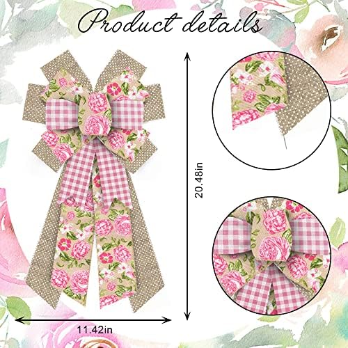 Large Spring Flowers Bows for Wreath, Easter Wreath Bow Pink Natural Burlap Bows for Front Door Birthday, alternate view 2