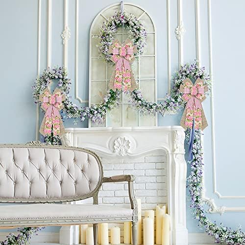 Large Spring Flowers Bows for Wreath, Easter Wreath Bow Pink Natural Burlap Bows for Front Door Birthday, alternate view 3
