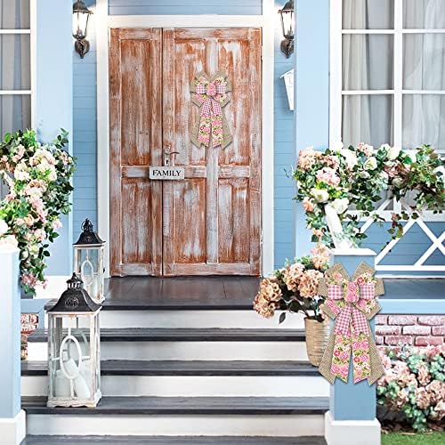 Large Spring Flowers Bows for Wreath, Easter Wreath Bow Pink Natural Burlap Bows for Front Door Birthday, alternate view 5