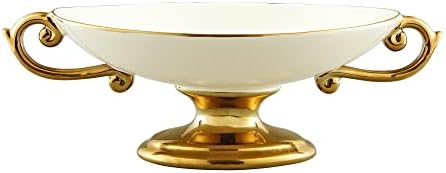 Large White Ceramic Pedestal Fruit Bowl with Gold Handles and Trim in 11.6" x 6" x 3.77" in White