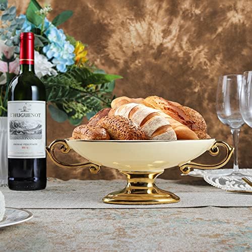 Large White Ceramic Pedestal Fruit Bowl with Gold Handles and Trim in 11.6" x 6" x 3.77" in White, alternate view 2