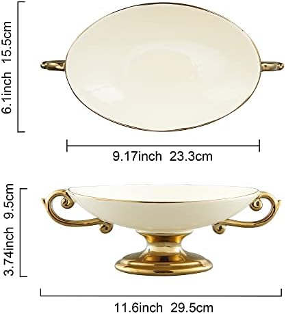 Large White Ceramic Pedestal Fruit Bowl with Gold Handles and Trim in 11.6" x 6" x 3.77" in White, alternate view 3
