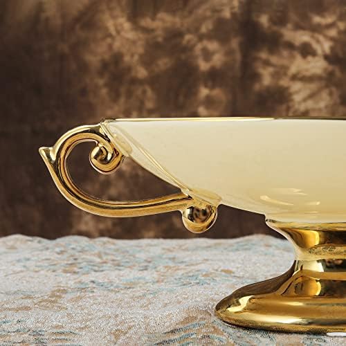 Large White Ceramic Pedestal Fruit Bowl with Gold Handles and Trim in 11.6" x 6" x 3.77" in White, alternate view 5
