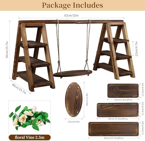 Large Wooden 3 Tier Swing Cupcake Stand with Flower Decor, Removable Trays, Foldable Ladder Display for Cake, alternate view