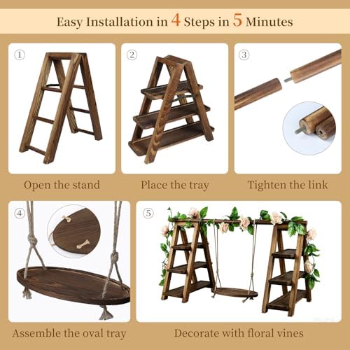 Large Wooden 3 Tier Swing Cupcake Stand with Flower Decor, Removable Trays, Foldable Ladder Display for Cake, alternate view