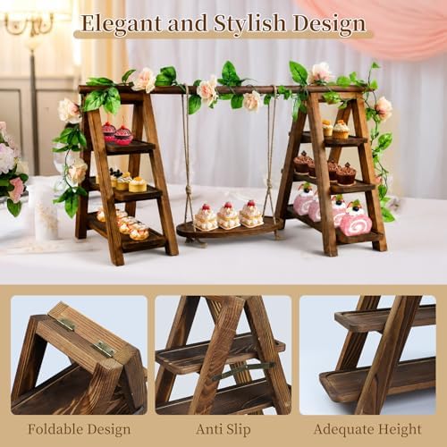 Large Wooden 3 Tier Swing Cupcake Stand with Flower Decor, Removable Trays, Foldable Ladder Display for Cake, alternate view