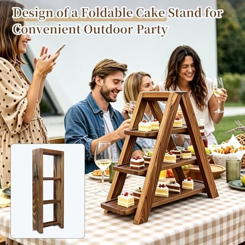 Large Wooden 3 Tier Swing Cupcake Stand with Flower Decor, Removable Trays, Foldable Ladder Display for Cake, alternate view