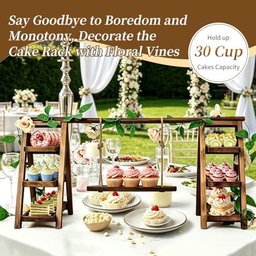 Large Wooden 3 Tier Swing Cupcake Stand with Flower Decor, Removable Trays, Foldable Ladder Display for Cake, alternate view