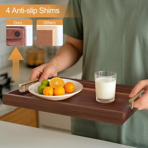 Large Wooden Serving Tray with 2 Sets of Handles, Dark Brown in 16.5 x 13 x 1.38 inches in Rustic Brown-large, alternate view