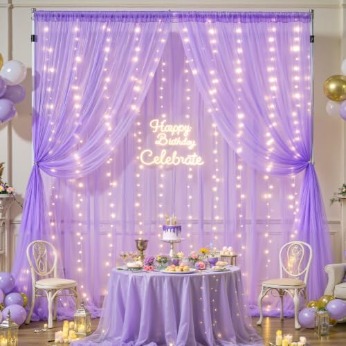 Lavender Sheer Backdrop Curtain with Led Lights for Baby Shower Girls Wedding10ft X 10ft Lavender Tulle Backdrop