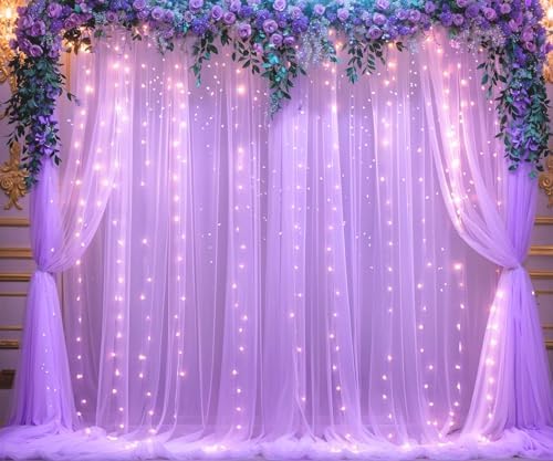 Lavender Sheer Backdrop Curtain with Led Lights for Baby Shower Girls Wedding10ft X 10ft Lavender Tulle Backdrop, alternate