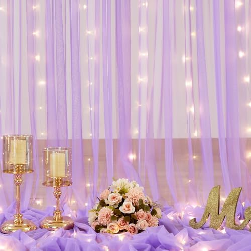 Lavender Tulle Backdrop Curtain with Led Lights for Wedding Baby Shower Girls 10ft X 8ft Lilac Lavender Sheer, alternate view