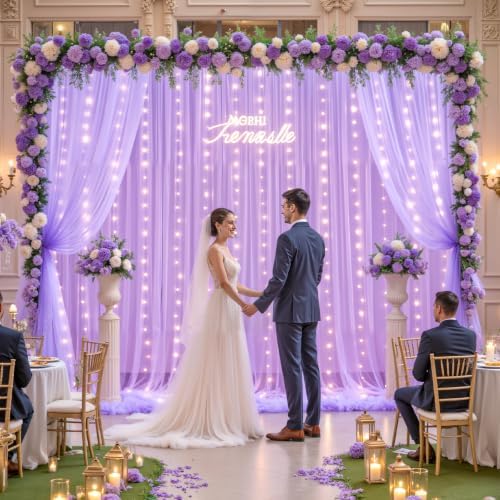 Lavender Tulle Backdrop Curtain with Led Lights for Wedding Baby Shower Girls 10ft X 8ft Lilac Lavender Sheer, alternate view