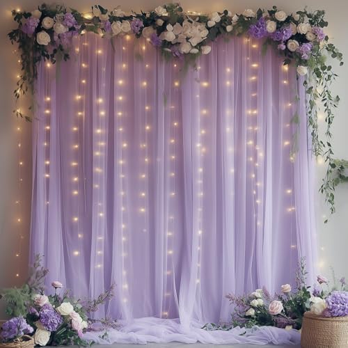 Lavender Tulle Backdrop with Fairy Lights for Parites Wrinkle-Free Sheer Curtain Drapes Photo Back Drop for
