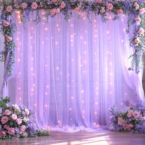 Lavender Tulle Photo Backdrop Curtain with Lights String for Parties Wedding Bridal Shower Sheer Lavender