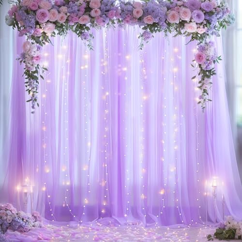 Lavender Tulle Photo Backdrop Curtain with Lights String for Parties Wedding Bridal Shower Sheer Lavender, alternate view 2