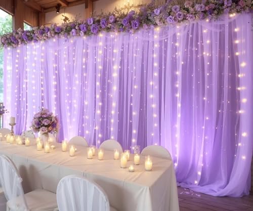 Lavender Tulle Photo Backdrop Curtain with Lights String for Parties Wedding Bridal Shower Sheer Lavender, alternate view 5
