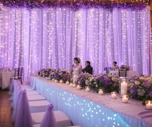 Lavender Tulle Photo Backdrop Curtain with Lights String for Parties Wedding Bridal Shower Sheer Lavender, alternate view 6
