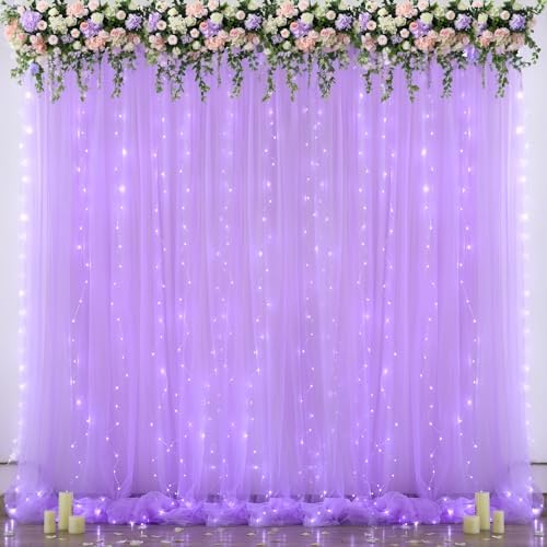 Lavender Tulle Photo Backdrop Curtain with Lights String for Parties Wedding Bridal Shower Sheer Lavender, alternate view 2