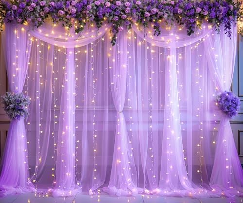 Lavender Tulle Photo Backdrop Curtain with Lights String for Parties Wedding Bridal Shower Sheer Lavender, alternate view 3