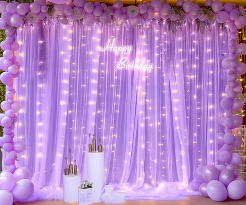 Lavender Tulle Photo Backdrop Curtain with Lights String for Parties Wedding Bridal Shower Sheer Lavender, alternate view 4