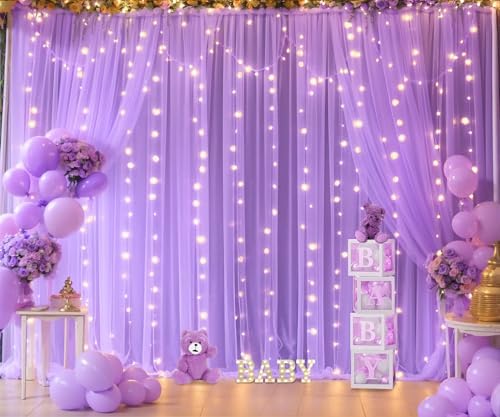 Lavender Tulle Photo Backdrop Curtain with Lights String for Parties Wedding Bridal Shower Sheer Lavender, alternate view 5