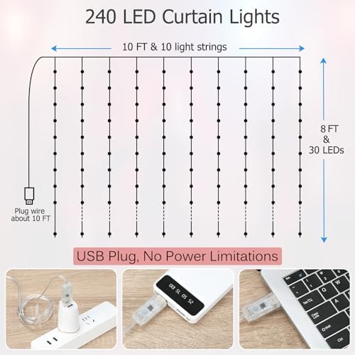 LED Curtain Lights 10ft x 8ft, 240 RGB Color Changing Fairy Lights, alternate view 6