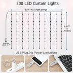 LED Curtain Lights, 6.5ft x 6.5ft 200 LED RGB Color Changing String Fairy Lights Curtain with Smart APP Control, alternate