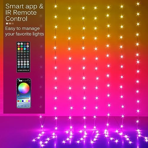 LED Curtain Lights, 8ft x 6ft 144 LED RGB Color Changing String Fairy Lights Curtain with Smart APP Control, alternate view 2