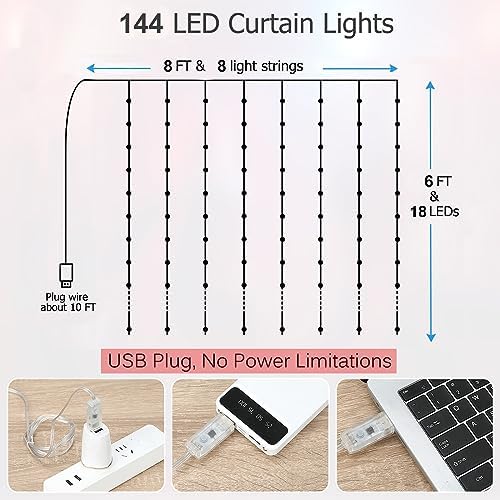 LED Curtain Lights, 8ft x 6ft 144 LED RGB Color Changing String Fairy Lights Curtain with Smart APP Control, alternate view 6