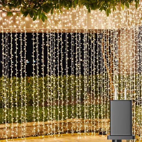 LED Curtain Lights Outdoor 12ft x10ft, 360 LED Plug in Hanging String Lights Indoor Bedroom, Twinkle Light
