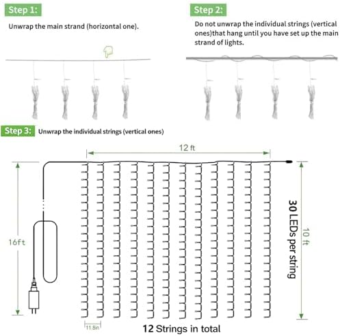 LED Curtain Lights Outdoor 12ft x10ft, 360 LED Plug in Hanging String Lights Indoor Bedroom, Twinkle Light, alternate view 6