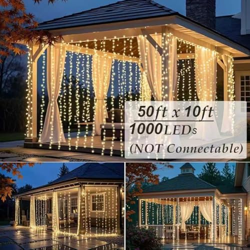 LED Curtain Lights Outdoor 50ft x10ft, 1000 LED Plug in Hanging String Lights Indoor Bedroom, Twinkle Light, alternate view 2
