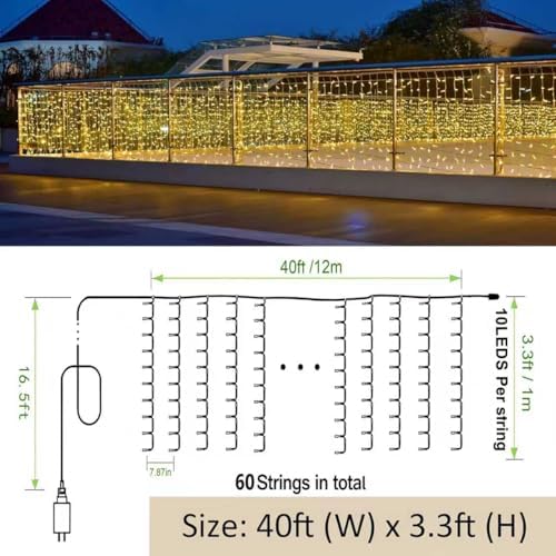 LED Curtain Lights Outside 40ft x 3ft for Backyard, 600 LED Plug in Hanging Fence String Lights Outdoor, alternate view 4
