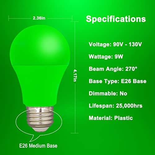 LED Green Color Light Bulb - 9W(60W Equivalent), A19 with E26 Base, 4 Pack, alternate view 2