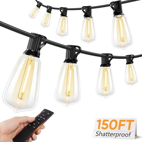 LED Outdoor String Lights, 150FT Dimmable Patio Lights with Remote Control, 45+2 Shatterproof ST38 Edison Bulbs